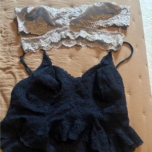 Free People Dark Navy Blue and  Lace Top